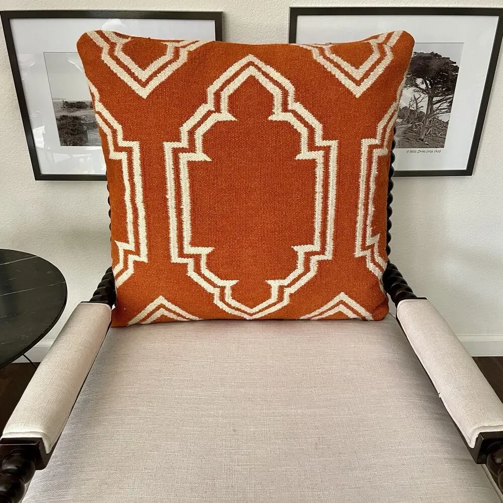 West Elm Moroccan Tile Orange Kilim Indoor Outdoor Pillow 26” Square